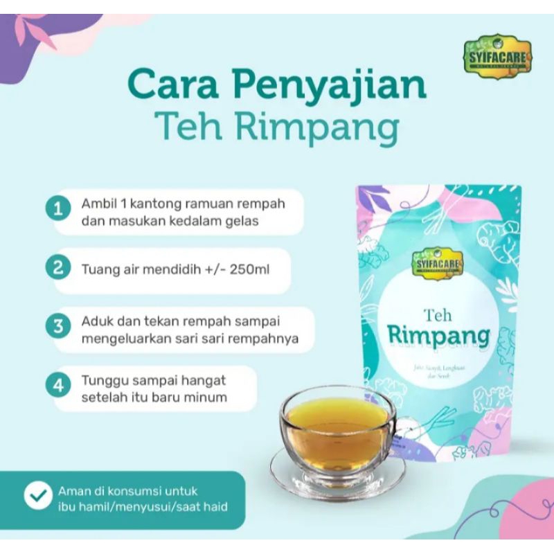 

Ready!!(BPOM) Teh Rimpang syifacare /minuman ringan ala JSR/20×60 minum/halal &Original