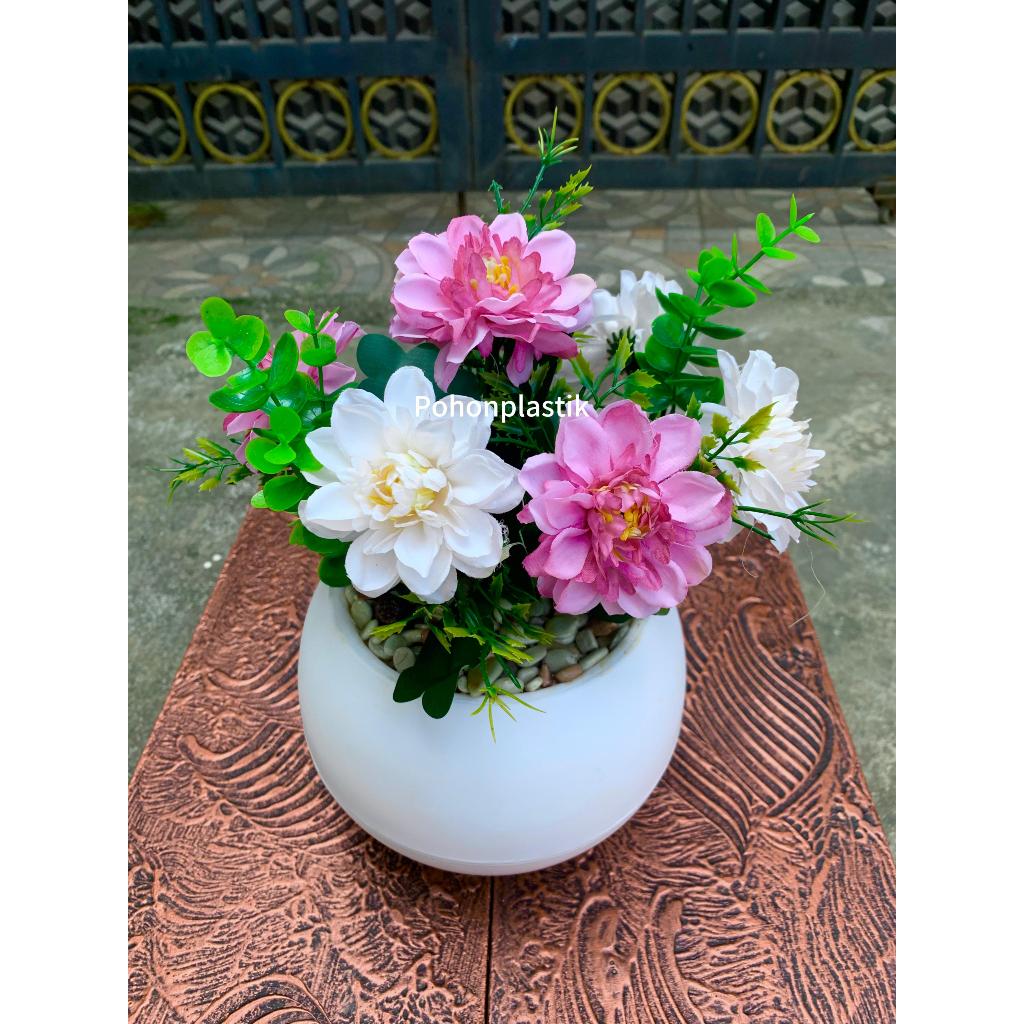 Bunga Artificial dahlia 7 kuntum / dekorasi buket rustik home / dekor hiasan meja dengan pot bunga m