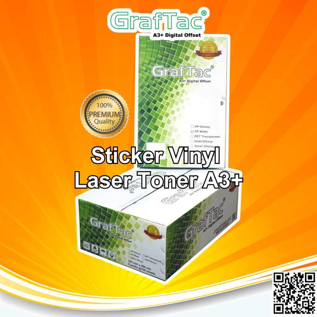

Paket Hemat Graftac 5 Pack Sticker Vinyl PP White Gloss,White Matte, PET Transparan Digital Print Laser Toner Stiker Plastik Anti Air Tidak Mudah Sobek A3+