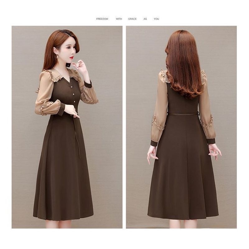 Midi Dress wanita warna coklat model cantik korea lengan panjang elegant
