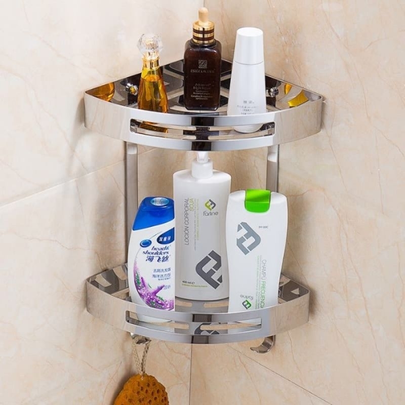 Rak Sudut 2 Susun Stenlis Sus 304/Rak Sabun botol/Rak Sabun Sudut Kamar Mandi/Rak Sudut Stenlis Sus 