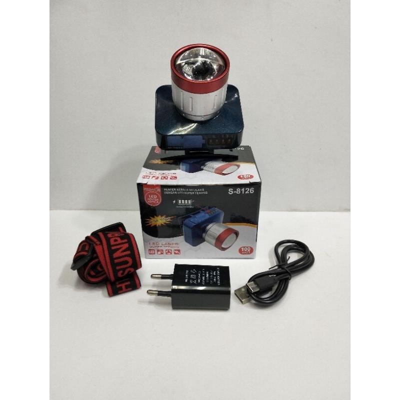 Senter Kepala isi ulang LED Super Terang Sunpro S-8125 dan S-8126 100watt jarak tembak 900m Ori Caha