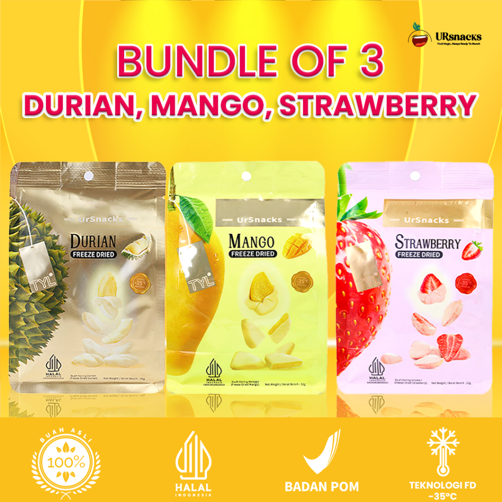

[HALAL] BEST SELLER URSNACKS Bundle Of 3 - Freeze Dried Keripik Sehat Durian + Mango + Strawberry