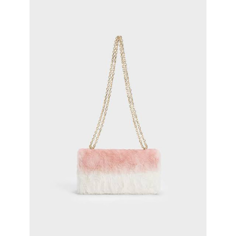 tas CK ori Charles & Keith Paffuto Chain Handle Furry Long Wallet - Light Pink