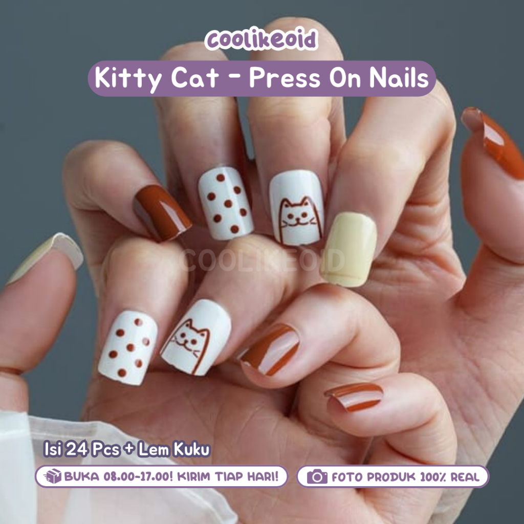 [READY] PRESS ON NAIL KUKU PALSU KUKU TEMPEL MOTIF CAT KUCING ISI 24 PREMIUM INCLUDE LEM