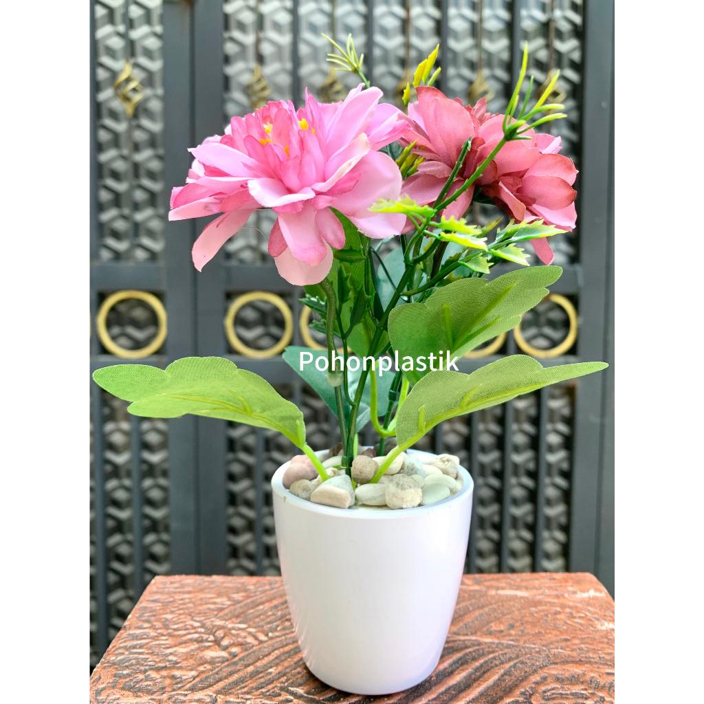 Bunga Mawar Artificial Bunga Plastik pot melamin Hiasan Meja Bunga Dahlia