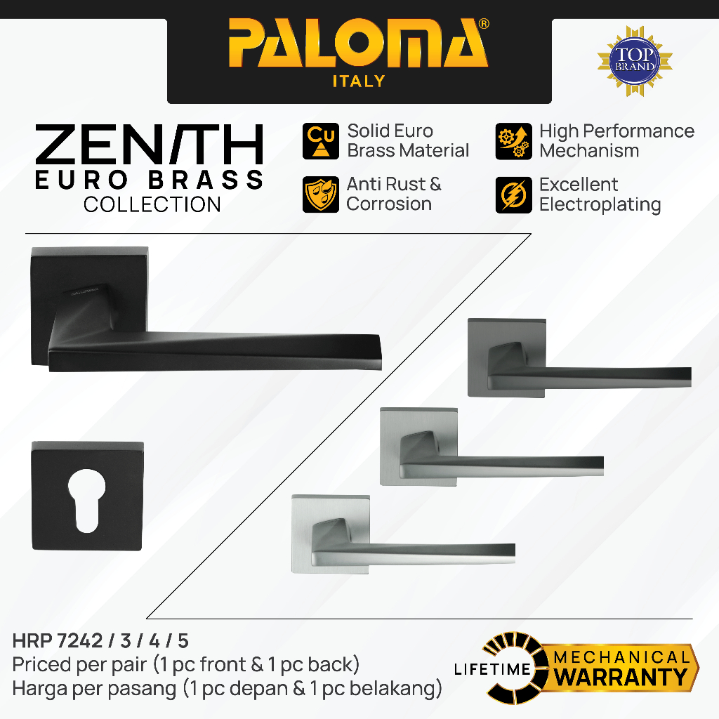 PALOMA Gagang Pintu Door Handle Roses Lever Euro Brass Kuningan Zenith Zurich Hitam Black Abu Gunmet