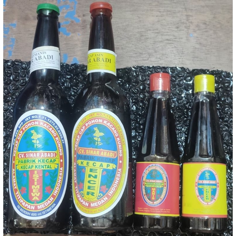 

kecap manis 600 ml. kecap asin 600ml. kecap encer 270ml. kecap kental 270ml. rasa istimewa