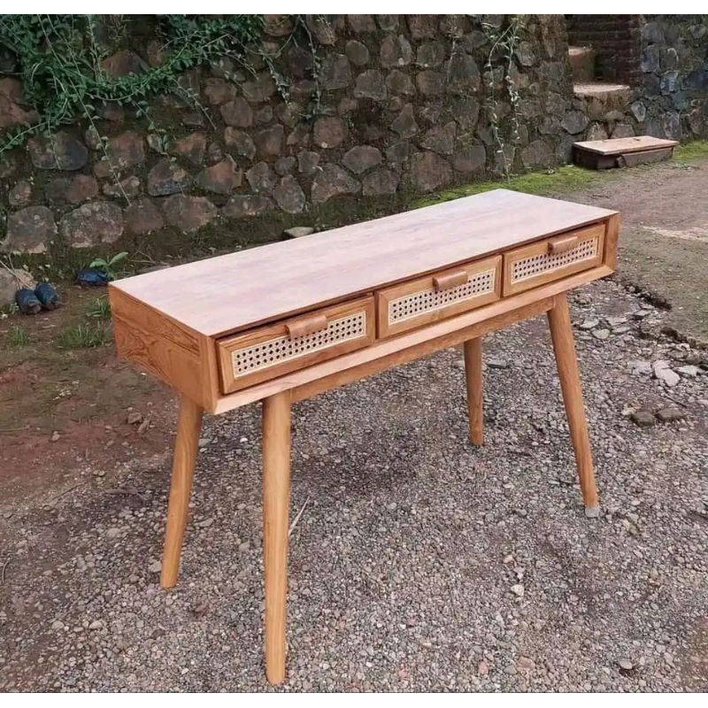 Meja konsul rotan alami modern laci 2 laci 3 kayu jati jepara perhutani tpk termurah murah furniture