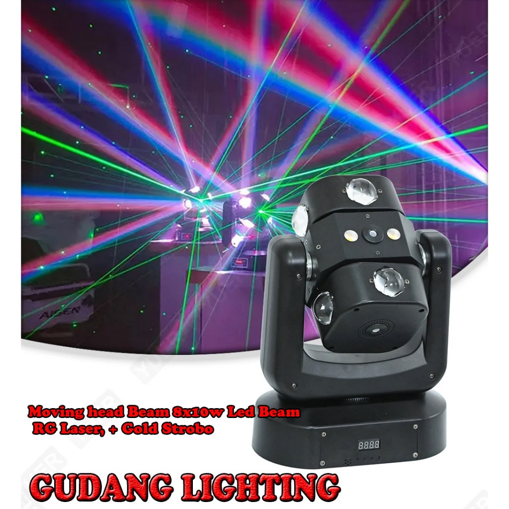 Moving head Beam 8x10w Led Beam, RG Laser, + Gold Strobo