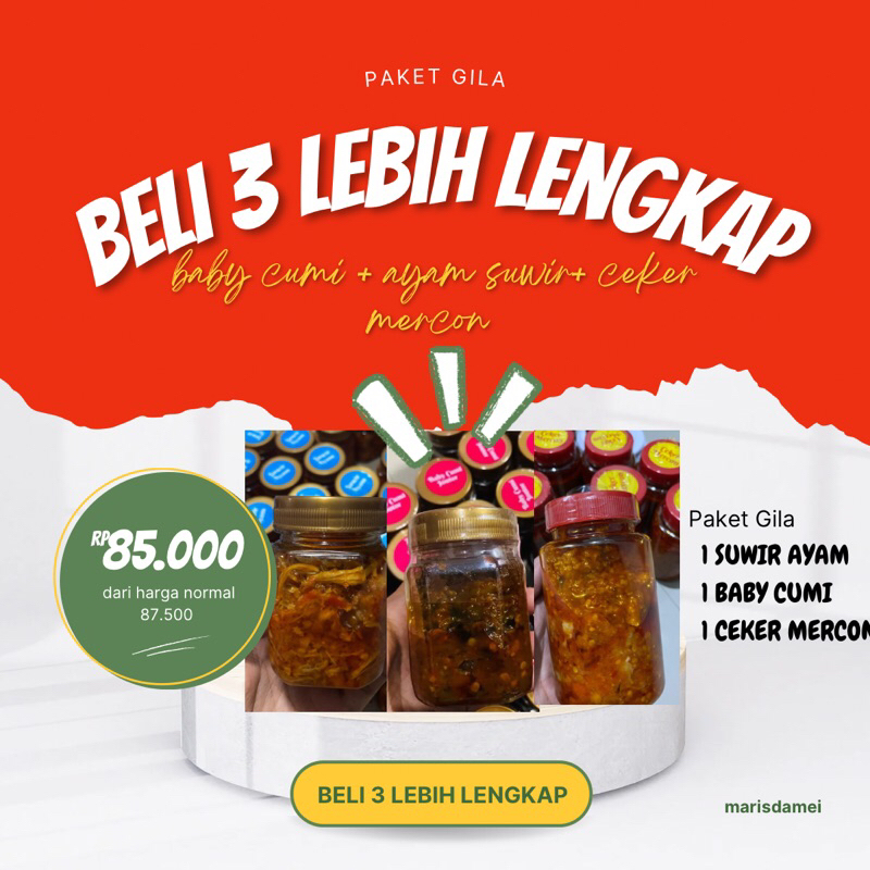 

PAKET GILA | 1 Baby Cumi & 1 Suwir Ayam & 1 Ceker Mercon | Beli 3 Lebih Lengkap | Sambal Siap Makan