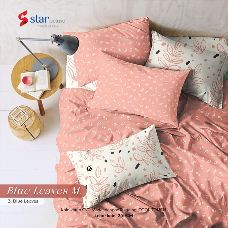 Sprei Anti Geser Katun Star Motif Blue Leaves Orange dan hijau sage