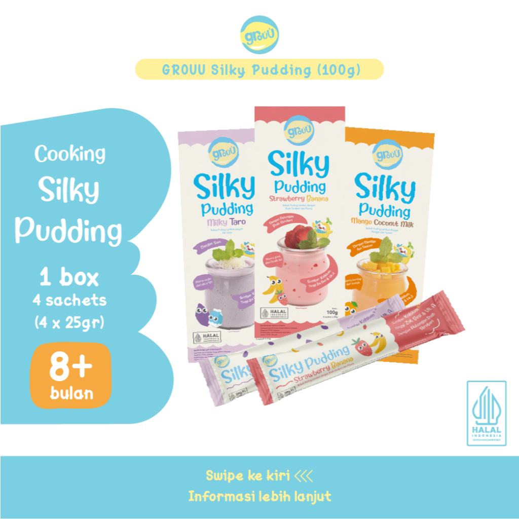 

GROUU Silky Pudding 100g - Bubuk Puding Lembut Cemilan Makanan MPASI Anak Bayi 8 Bulan Rasa Stroberi / Mangga / Ubi Ungu