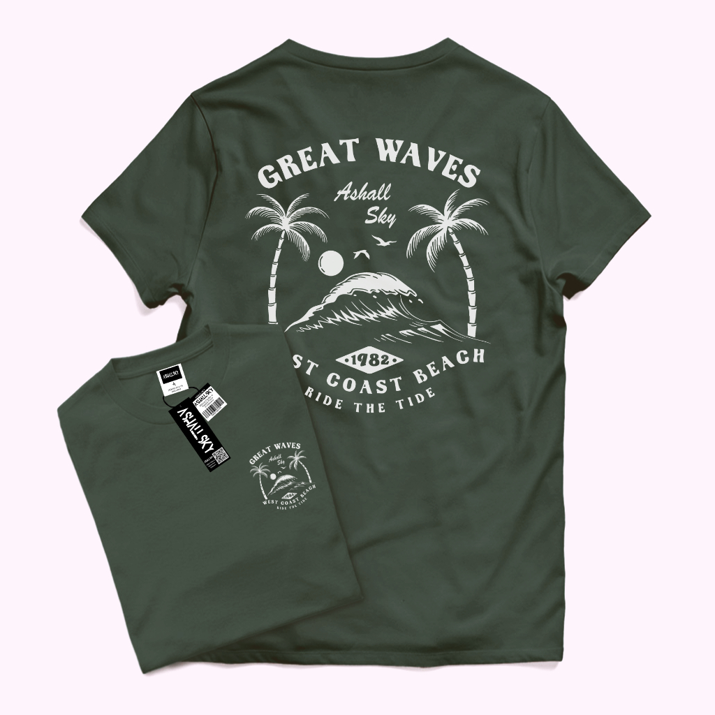 T-Shirt Baju Kaos Pria Distro Lengan Pendek Motif Great Waves Unisex Terbaru Katun 30s