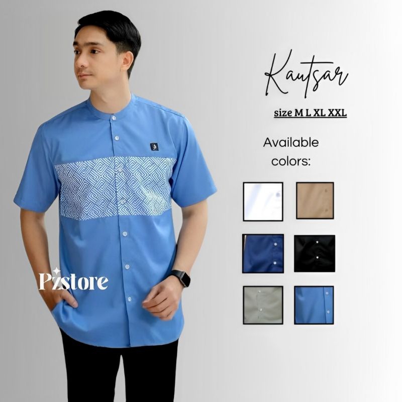 Baju Koko Pria Dewasa Lengan Pendek Kombinasi Batik Bahan Katun Lembut Adem Size M L XL XXL