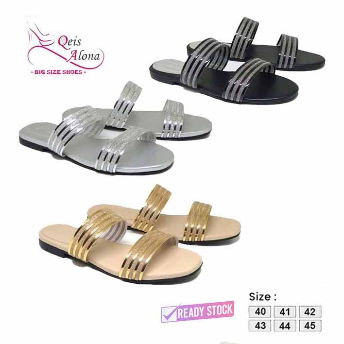 Qeis Alona Loria | Sandal Flat Wanita Big Size | Sandal Pesta Model Selop Slide Ukuran Jumbo