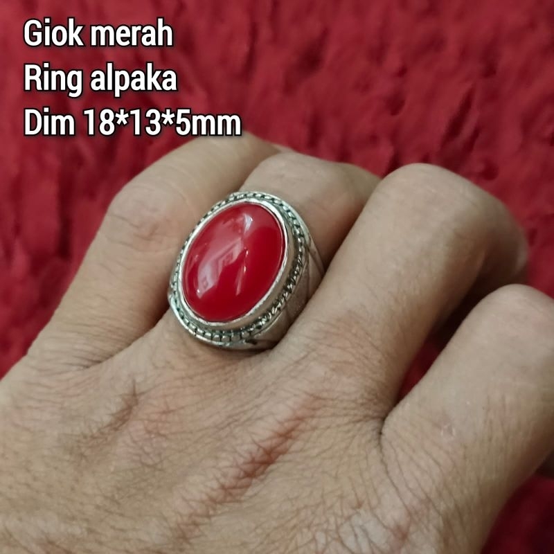 CINCIN BATU GIOK MERAH RED BARON SERAT DALAM RING ALPAKA
