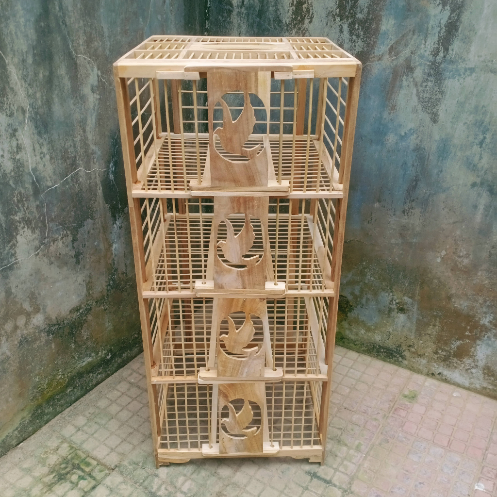 Dongdang Lepas Merpati 4 Tingkat Kayu Jati Asli | Dondang Gabur 4 Pintu Jeruji Bambu