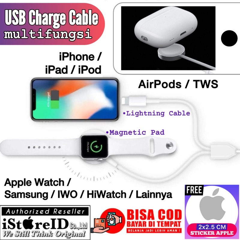 [COD] (Free: Sticker) Kabel Charger USB 2in1 Multifungsi Lightning iPhone iPad iPod & Magnetic Pad W