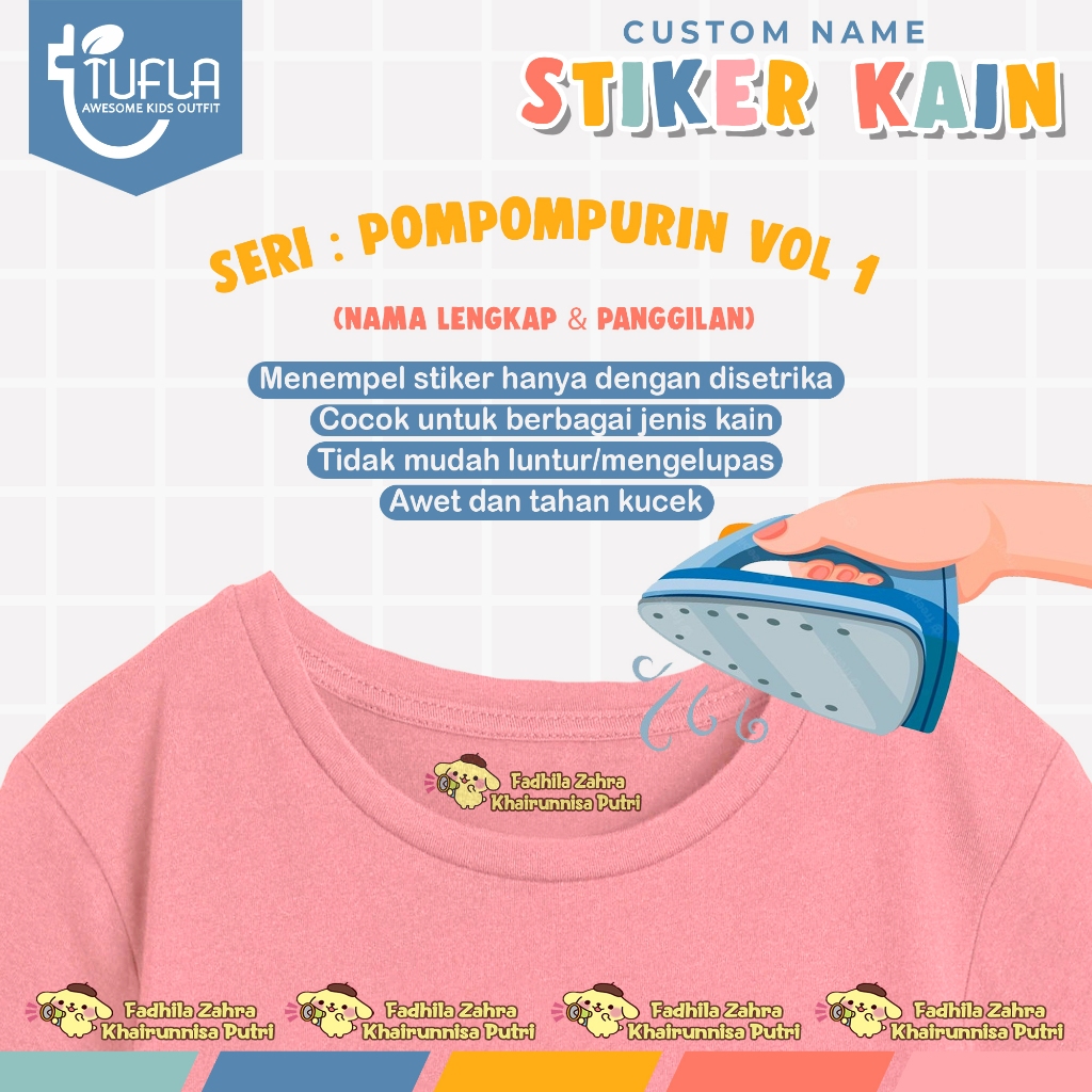 

[ISI 32-80pcs] Stiker Custom Nama Baju Dan Kain Anak Tinggal Setrika Untuk Label Seragam Sekolah Pesantren Asrama Ukuran A4 Karakter POMPOMPURIN VOL 1