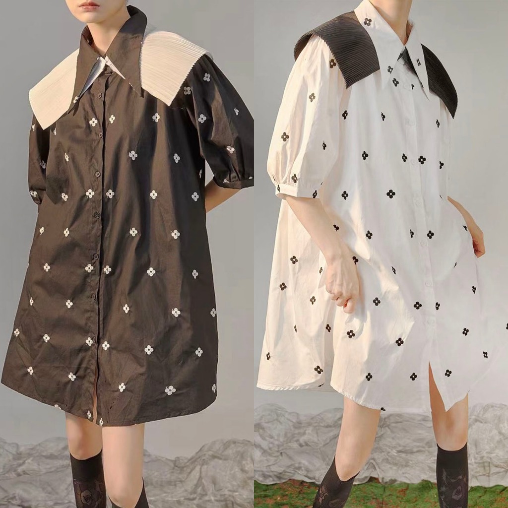 DRESS KEMEJA MINI KATUN POPLIN PREMIUM HITAM PUTIH OVERSIZE BORDIR BUNGA DUOTONE KERAH LANCIP KOREA 