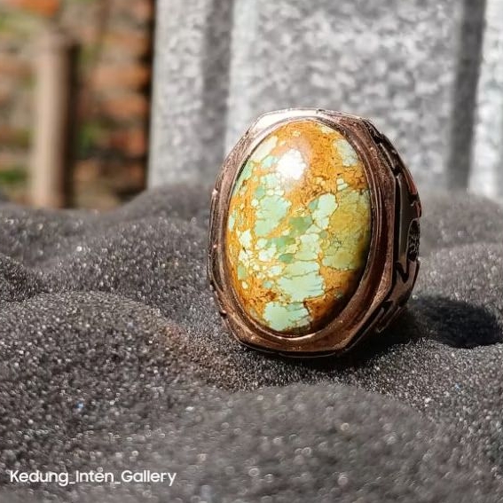 Cincin Pria Batu Pirus | Natural Turquoise | Pirus Persia Perak Hijau Gradasi Urat Emas |