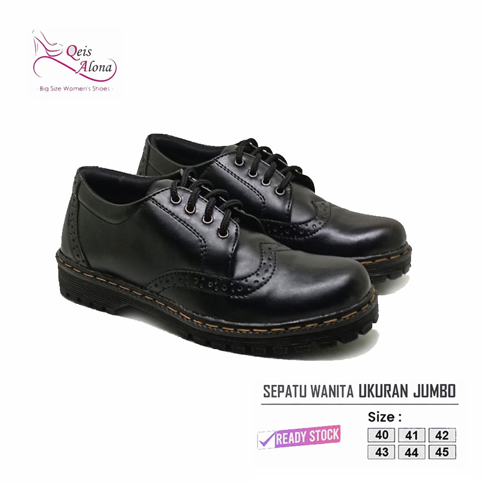 Qeis Alona | Sepatu Oxford Wanita Ukuran Jumbo Besar | Oxford Formal Kasual Full Black Bahan Kulit A