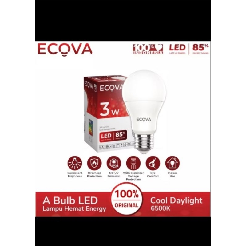 LAMPU LED BULB ECOVA A 3W 3WATT WARNA PUTIH MURAH