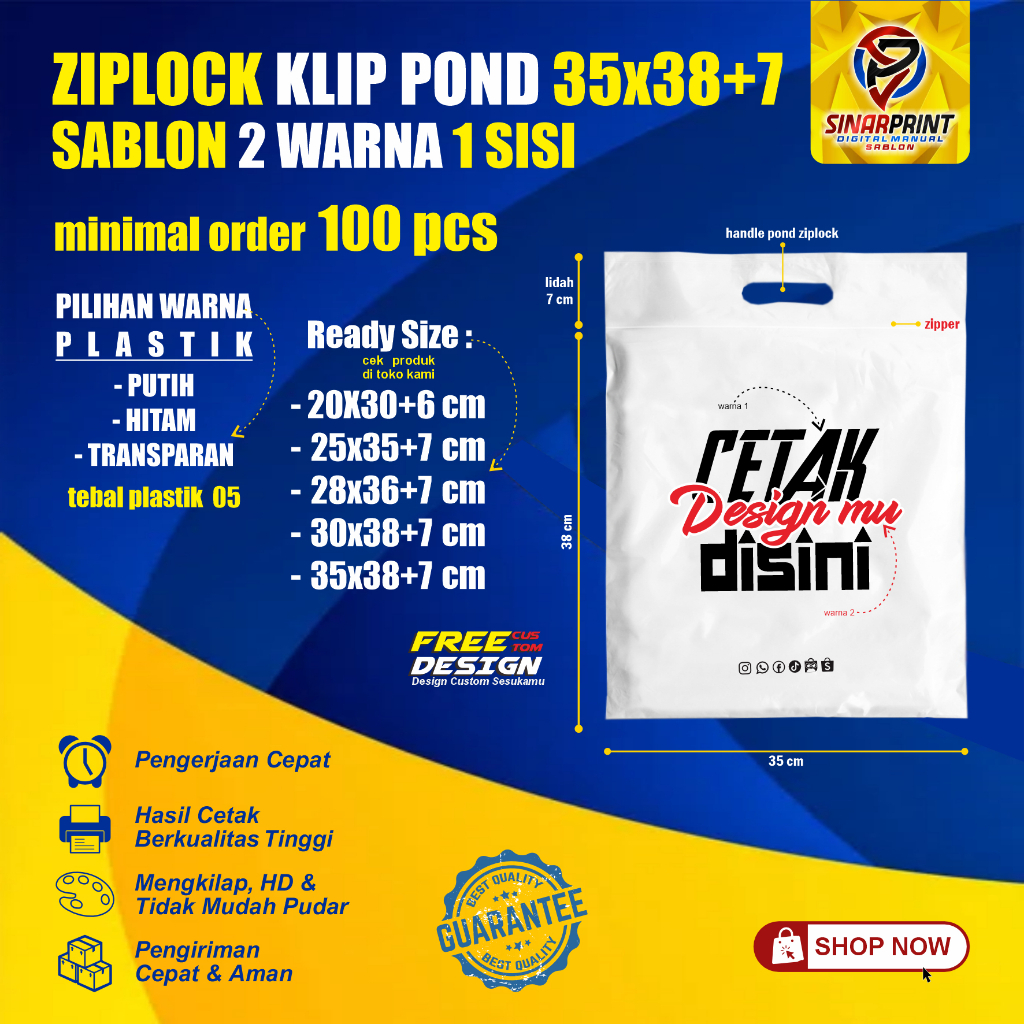 Sablon Plastik Ziplock Klip Pond 35x38+7 Plastik Olshop Distro Kemasan Packing Butik Pakaian Sepatu