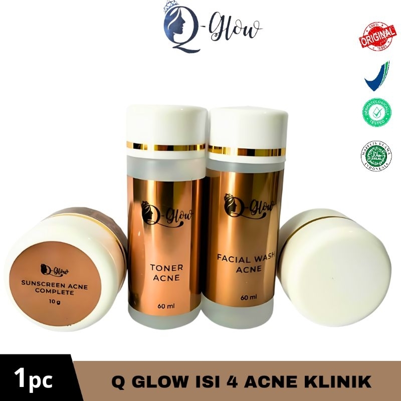 Q glow sepaket 4 item facial wash, toner , day cream, night cream brightening dan acne krim malam kl