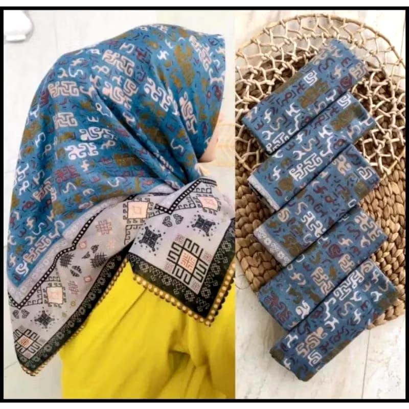 HIJAB SEGI EMPAT VOAL MOTIF KINAY BIRU/HIJAB VOAL SEGI EMPAT MOTIF LASER CUT PRINTING PREMIUM