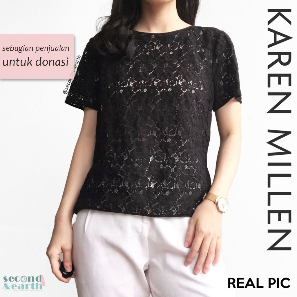 LIKE NEW Authentic Karen Millen Blouse (S-M) Atasan Brokat Sifon Lengan Pendek Hitam Polos Short Sle