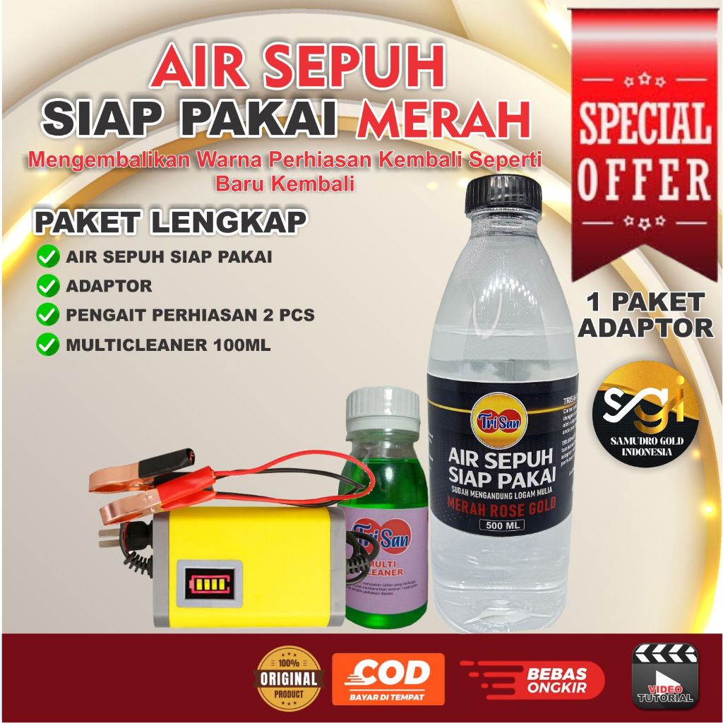Air Sepuh Siap Pakai Merah Paket Adaptor Cairan Pembersih Sepuhan Perhiasan Emas Perak Logam Mulia