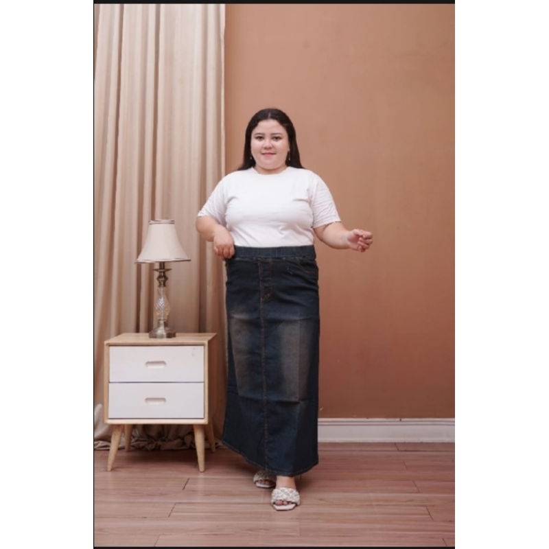 Rok Jeans Panjang Jumbo-Rok Panjang Wanita Pinggang Full Karet / Rok A-line Panjang Melar Tebal Deni