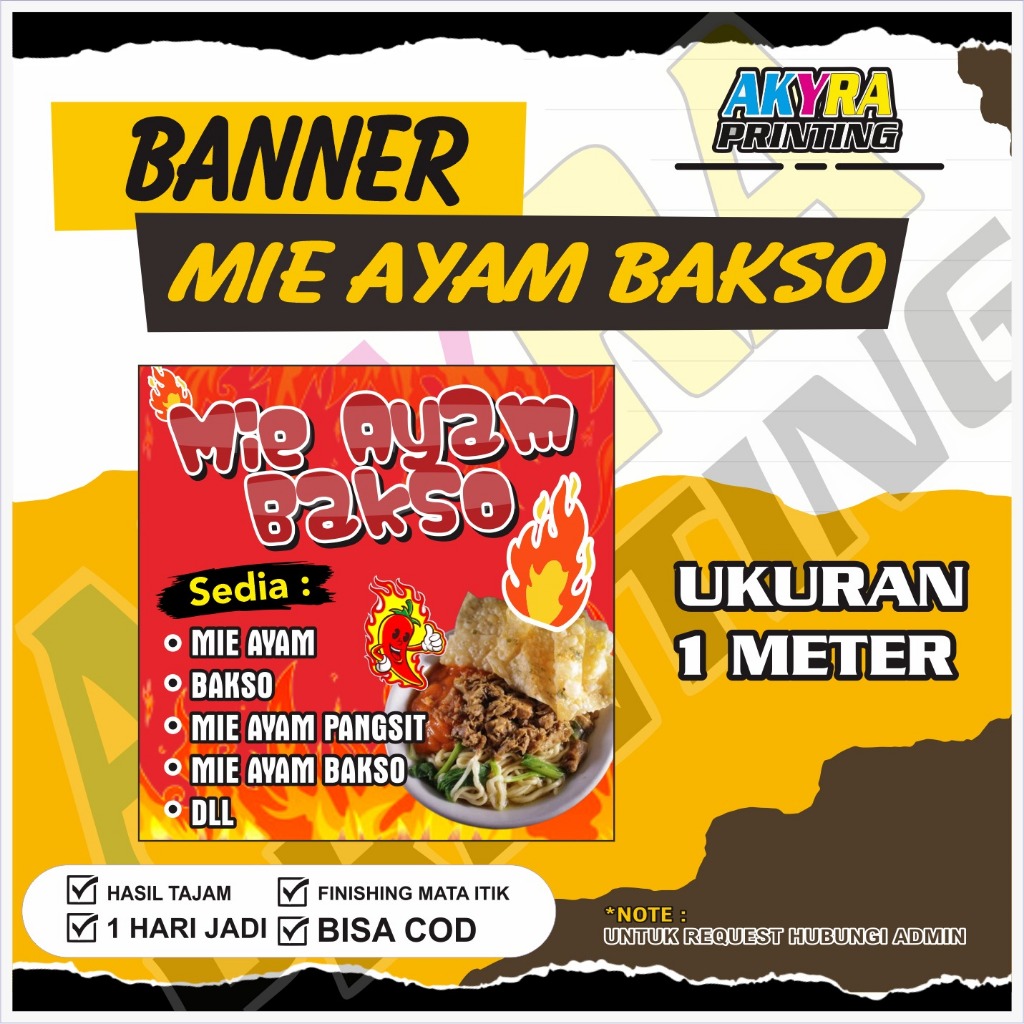 [ Bebas Custom Desain ] Spanduk Bakso, Mie Ayam, Batagor, Bakso Tahu - 1 hari jadi