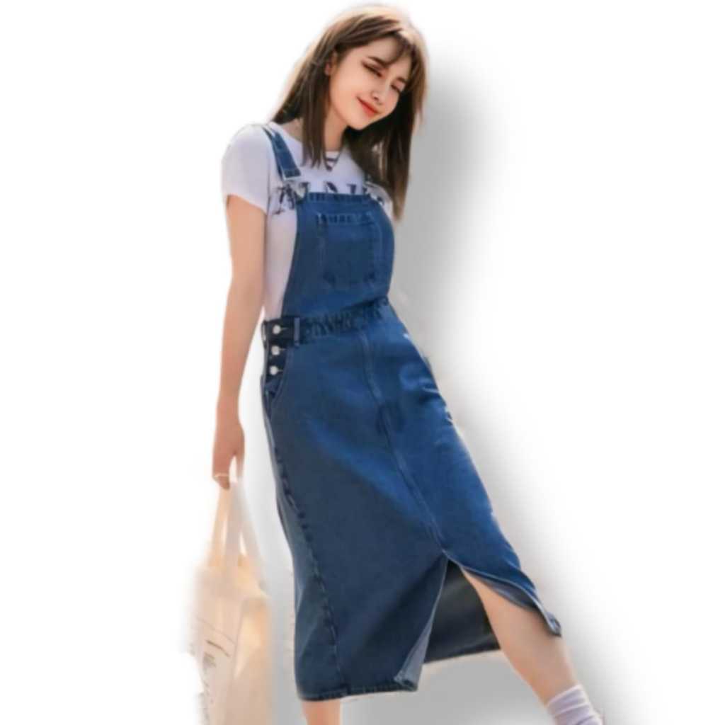 Allisa Overall Jeans Wanita Rok Span Midi Premium Jeans