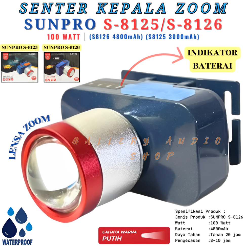 Senter Kepala Zoom Sunpro S-8126 / S-8125 100 Watt | Senter Kepala Sunpro Super Terang LED Lensa Zoo