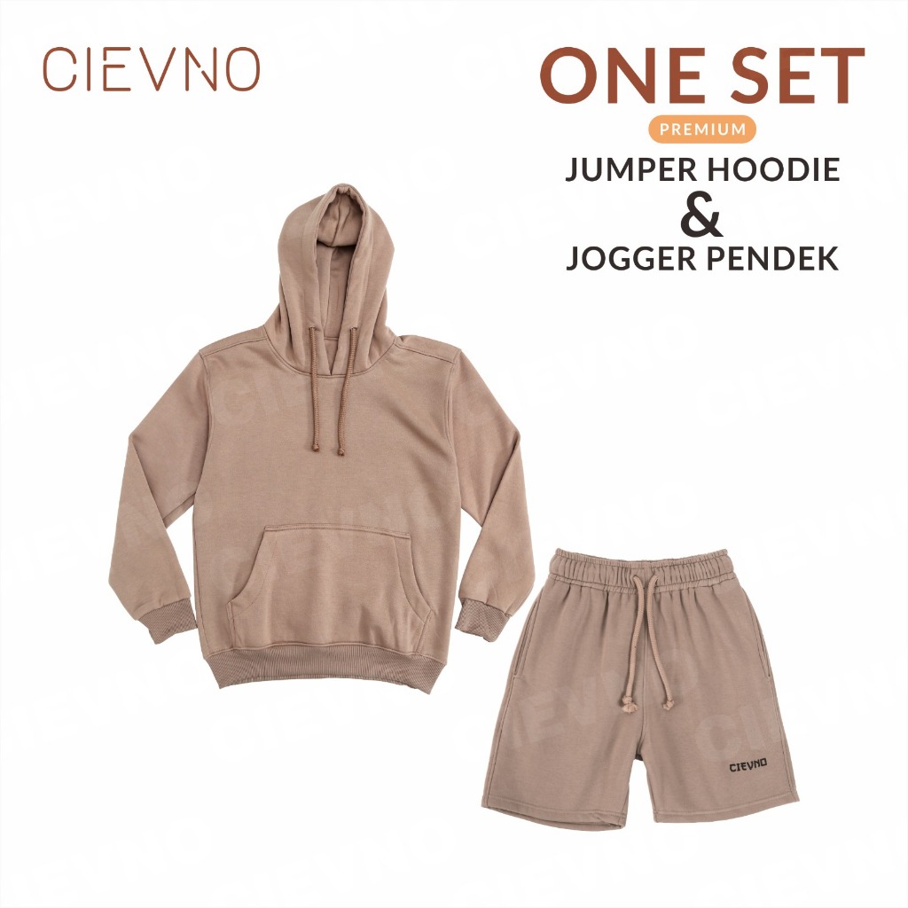 ONE SET HOODIE JUMPER + CELANA PENDEK PREMIUM PEANUT BUTTER ( PRIA & WANITA )