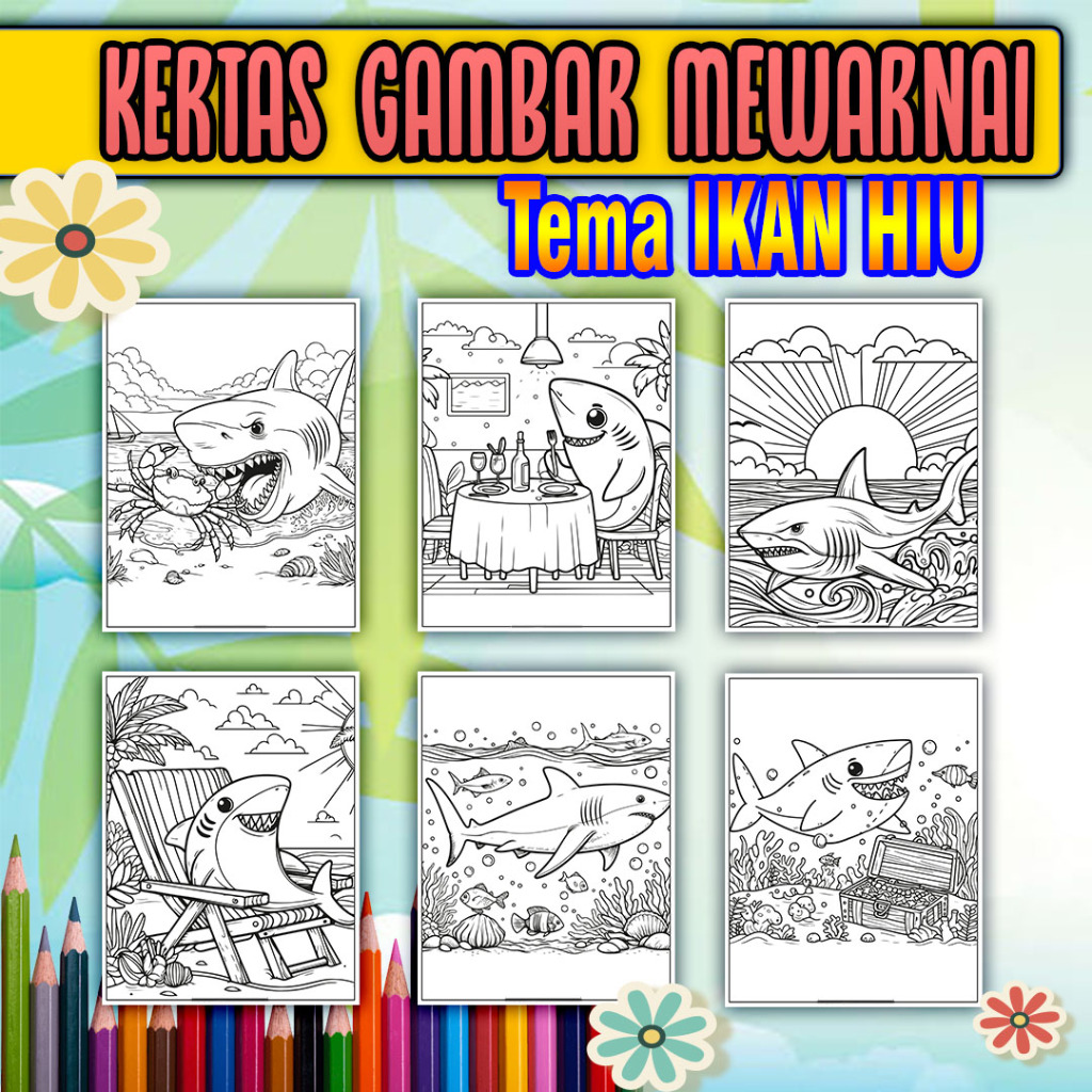 

Kertas Mewarnai Anak paud, sd, smp, sma maupun dewasa kertas tebal ukuran A4 tema IKAN HIU