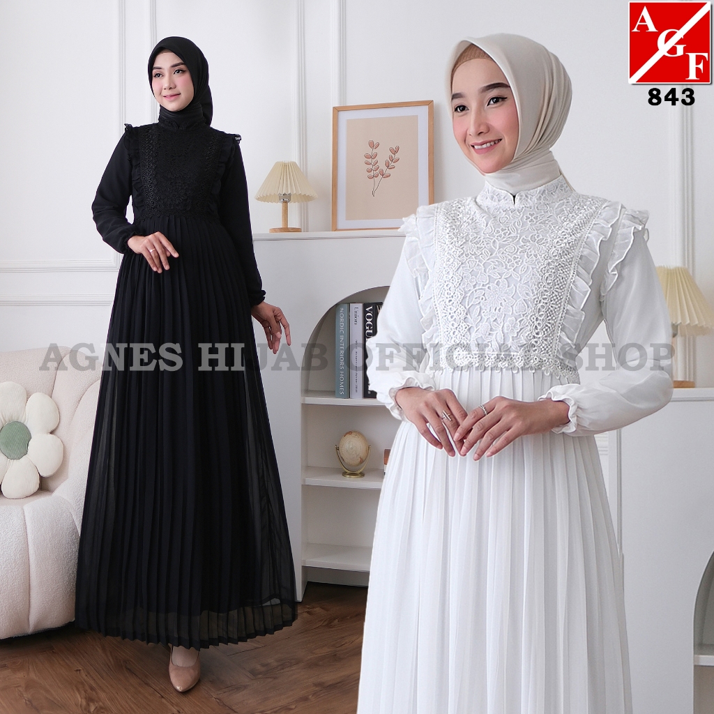 Agnes Hijab - Syafa Dress Gamis Putih Premium Baju Lebaran 2025 Terbaru Gaun Mewah Pesta Kondangan D