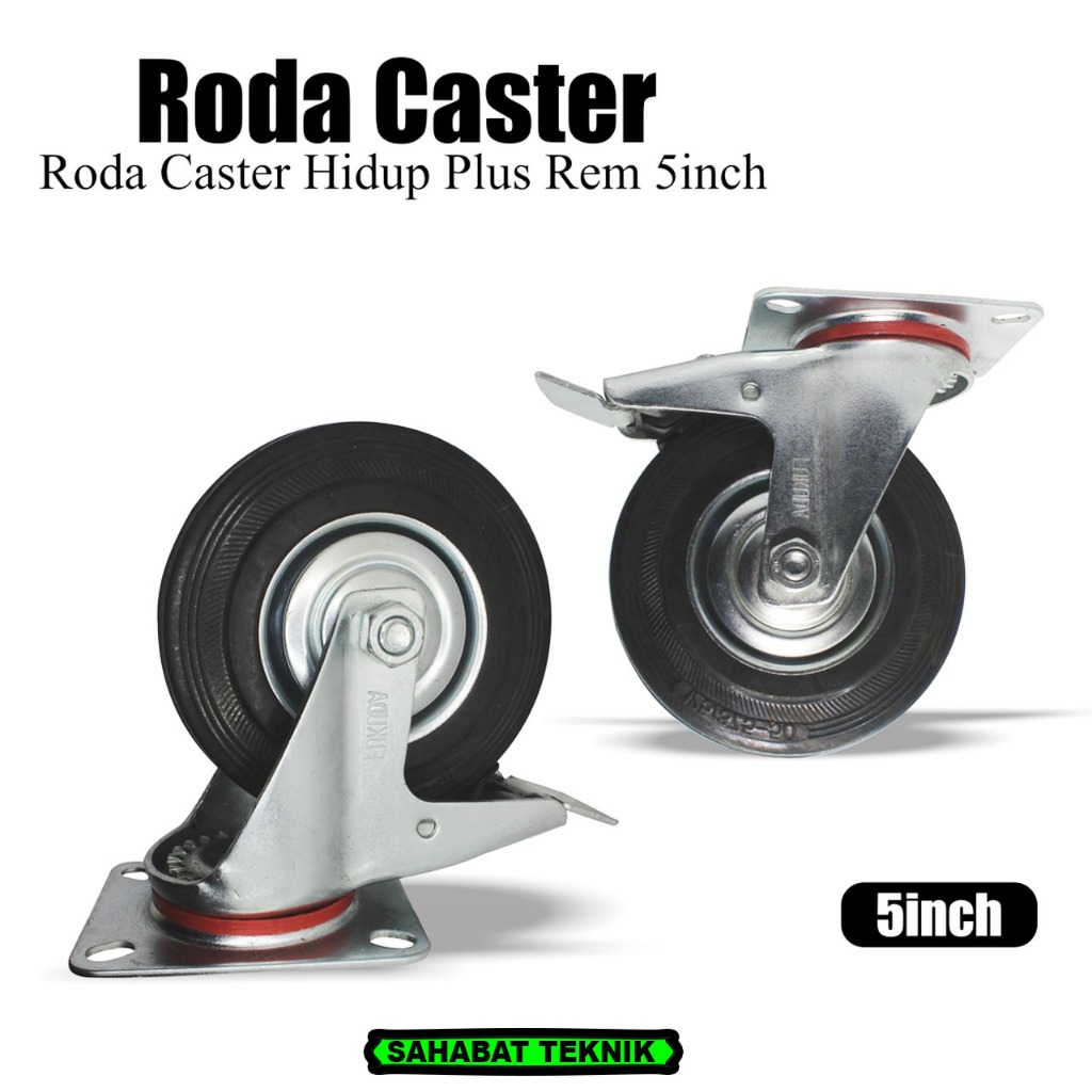 Roda Caster 5 Inch 125mm Rubber Karet Hidup Plus Rem dan Mati / Roda Lori 5'' Roda Troli Harga 1 Pcs