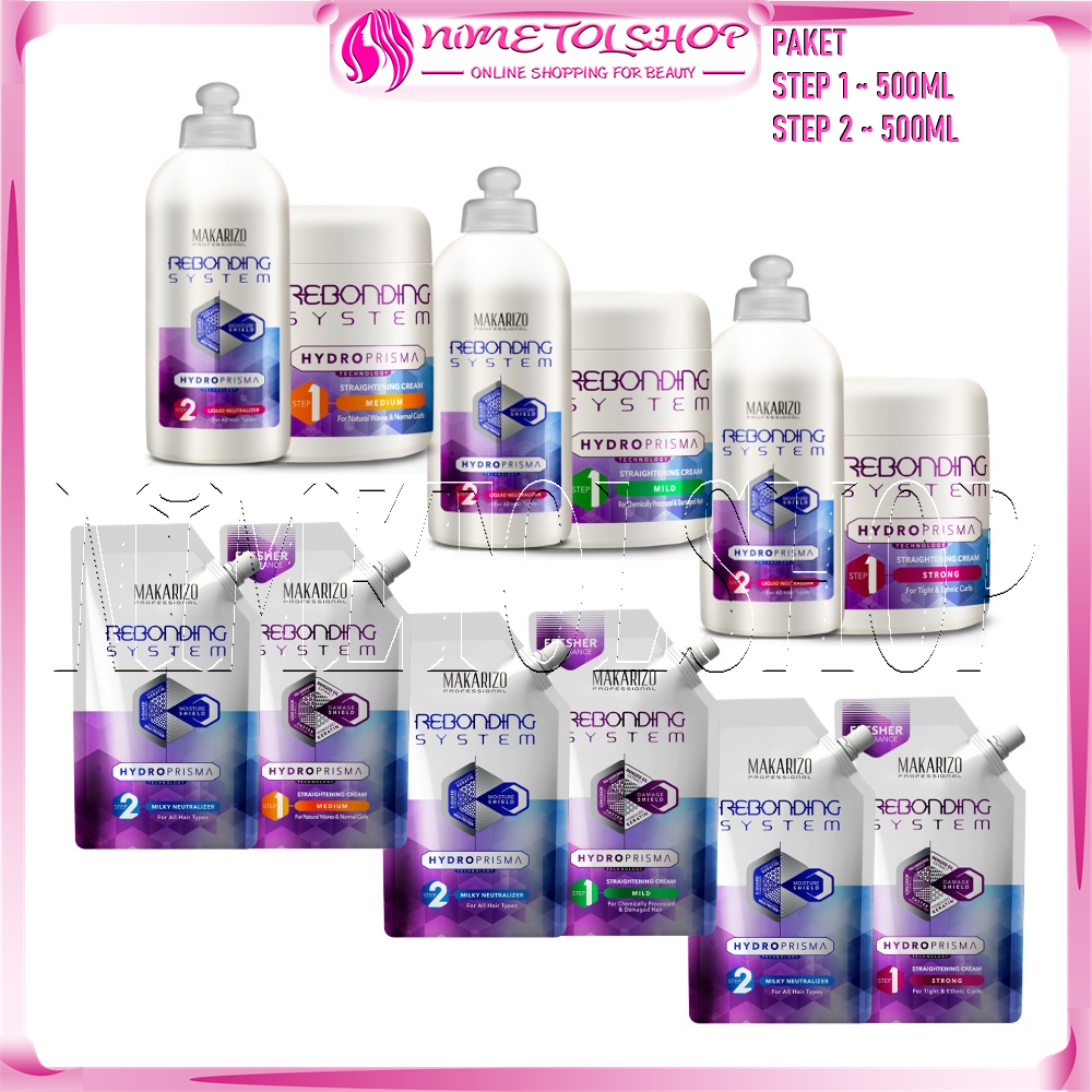 (PAKET) MAKARIZO Rebonding System HYDROPRISMA STEP 1 500gr + STEP 2 500ml Keratin Hair Smoothing