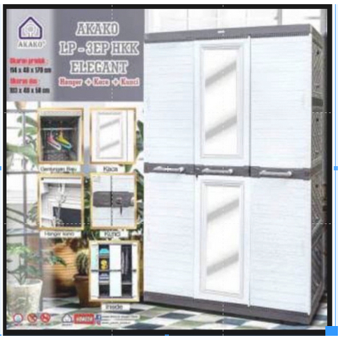 LEMARI PLASTIK 3 PINTU KACA AKAKO LEMARI KACA LP3P ELEGANT AKAKO - LEMARI KACA MURAH LP3P AKAKO
