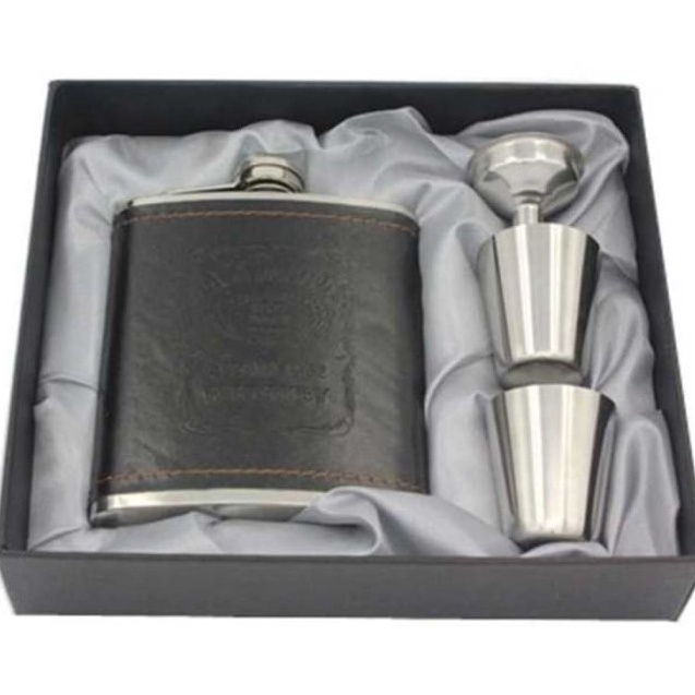 Botol Minum Bir Whiskey Wine Anggur Alkohol Stainless Steel Kulit 7Oz  Hitam