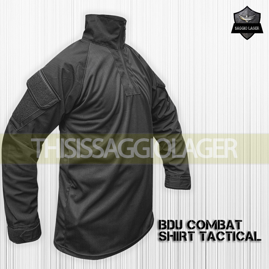 BAJU TACTICAL KAOS BDU COMBAT SHIRT DRY FIT RIPSTOP BLACK HITAM POLOS LEHER KERAH TINGGI TUTLENECK L
