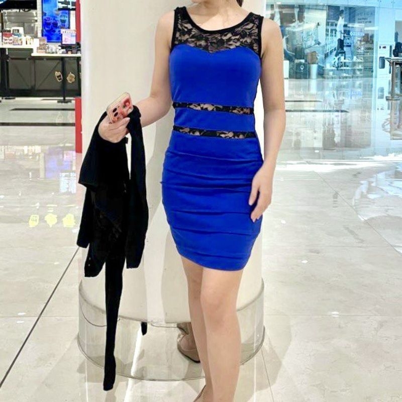 SEKSI DRESS MINI RENDA NAVY BIRU TERUSAN BRUKAT BODYCON KETAT