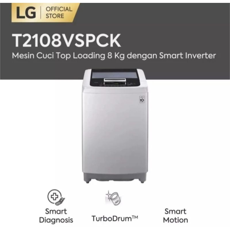 MESIN CUCI LG 1 TABUNG 8 KG INVERTER TOP LOADING LG 1TABUNG 8KG T2108VSPCK