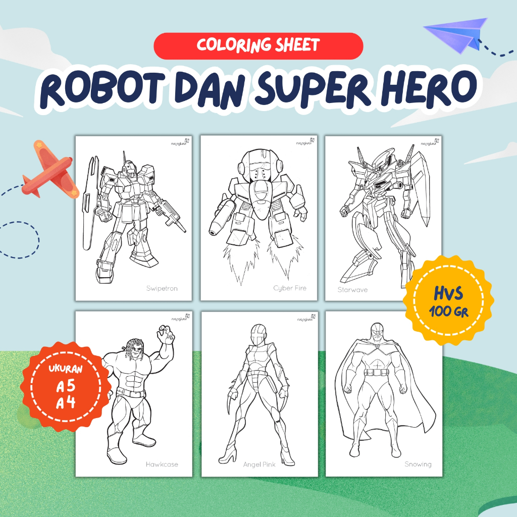 

Kawan Pustaka - Lembar Mewarnai/Kertas Mewarnai/Coloring Sheet - Tema Robot & Superhero - Ukuran A4 & A5 - Kertas HVS Tebal 100 gram
