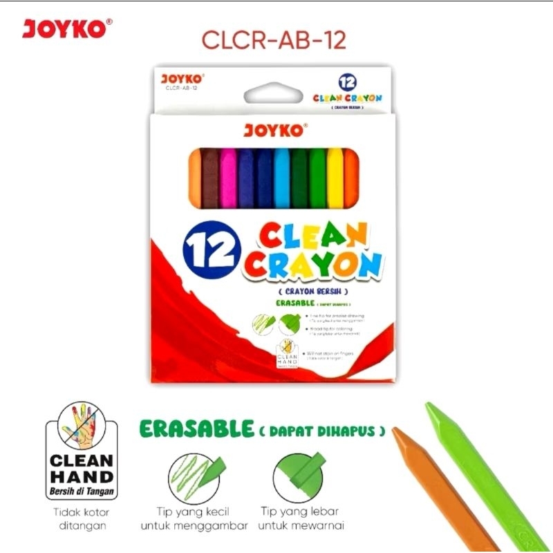 

Clean Clear Crayon / Krayon Bersih Joyko 12 Warna Colors CLCR-AB-12 100% Original