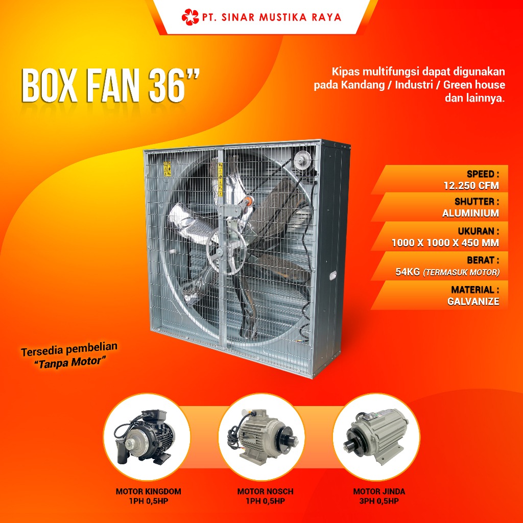 Kipas Box Fan 36 Inch 1 / 3 Phase Exhaust Fan Pabrik Industri Motor Jinda / Kingdom / Nosch